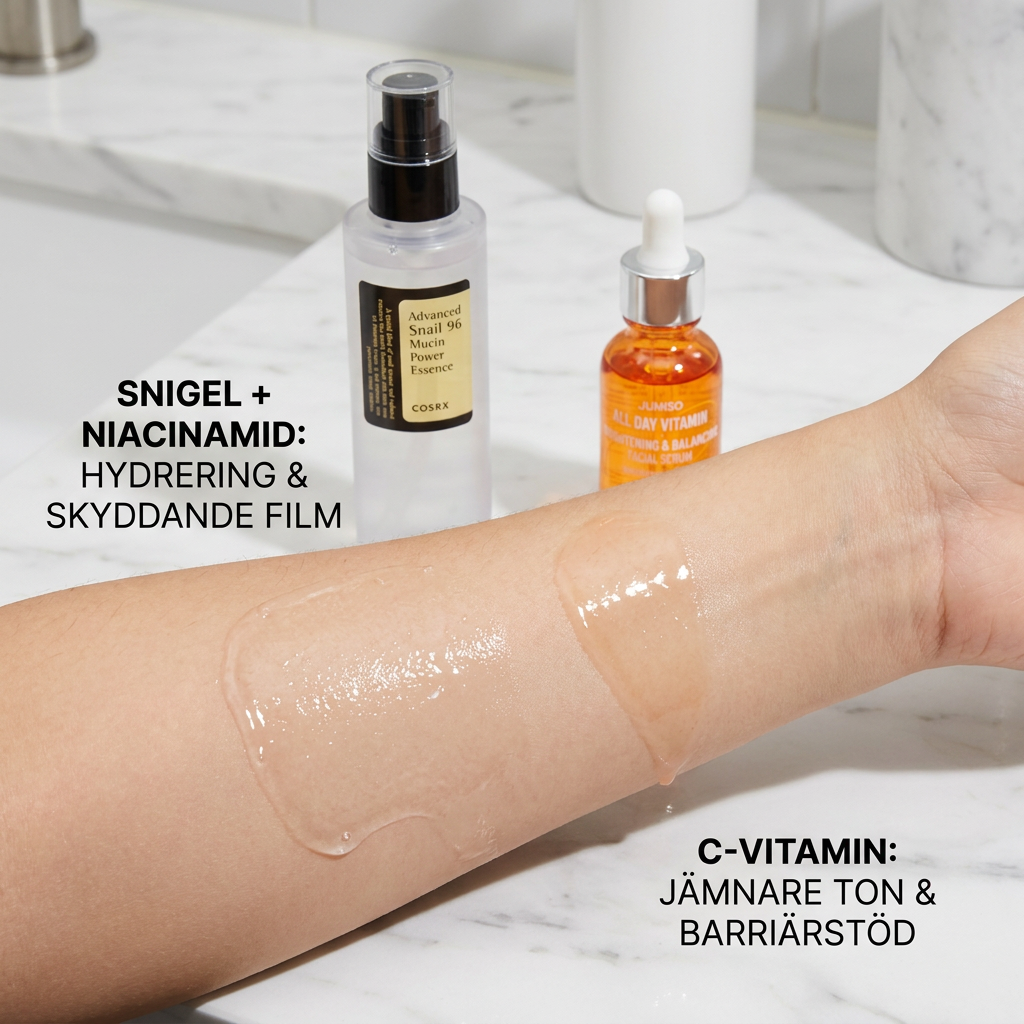 Hudmål: vad brukar skilja resultatbilden mellan snigel + niacinamid och C-vitamin?